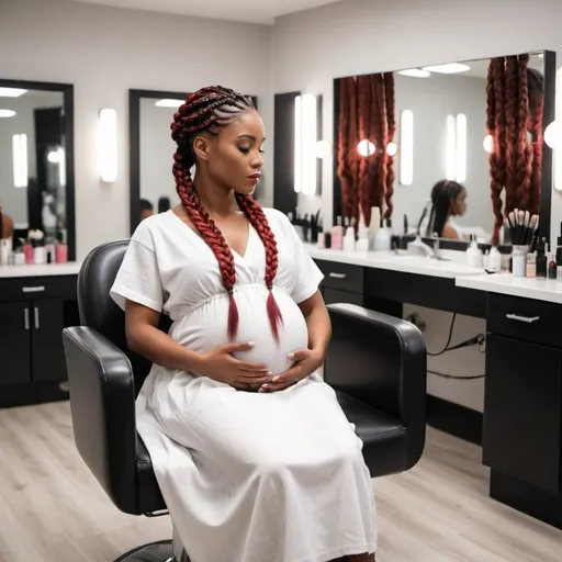 Prompt: 

"Depict a serene scene in a modern hair salon featuring a pregnant woman sitting in a chair with a peaceful expression. She is dressed in a simple white dress, highlighting her round belly, and has long, intricate braids that transition from black at the roots to red at the tips. The braids are styled and maintained by four hairstylists, all dressed in white, meticulously working on her hair. The setting is vibrant with a variety of hair products and tools in the background. The scene should exude a sense of care, attention, and beauty, with the woman's elaborate hair flowing down in thick waves around her."