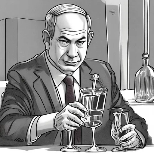 Prompt: An illustration of Bibi Netanyahu filling a glass of water