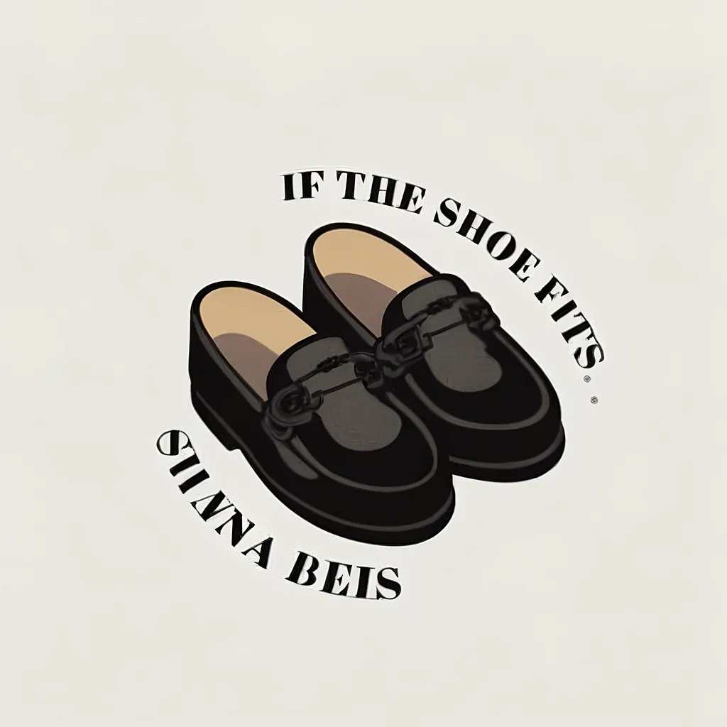 Prompt: a pair of shoes with the words if the shoe fits, santa beis on it's side, Brian Fies, remodernism, sticker, an album cover