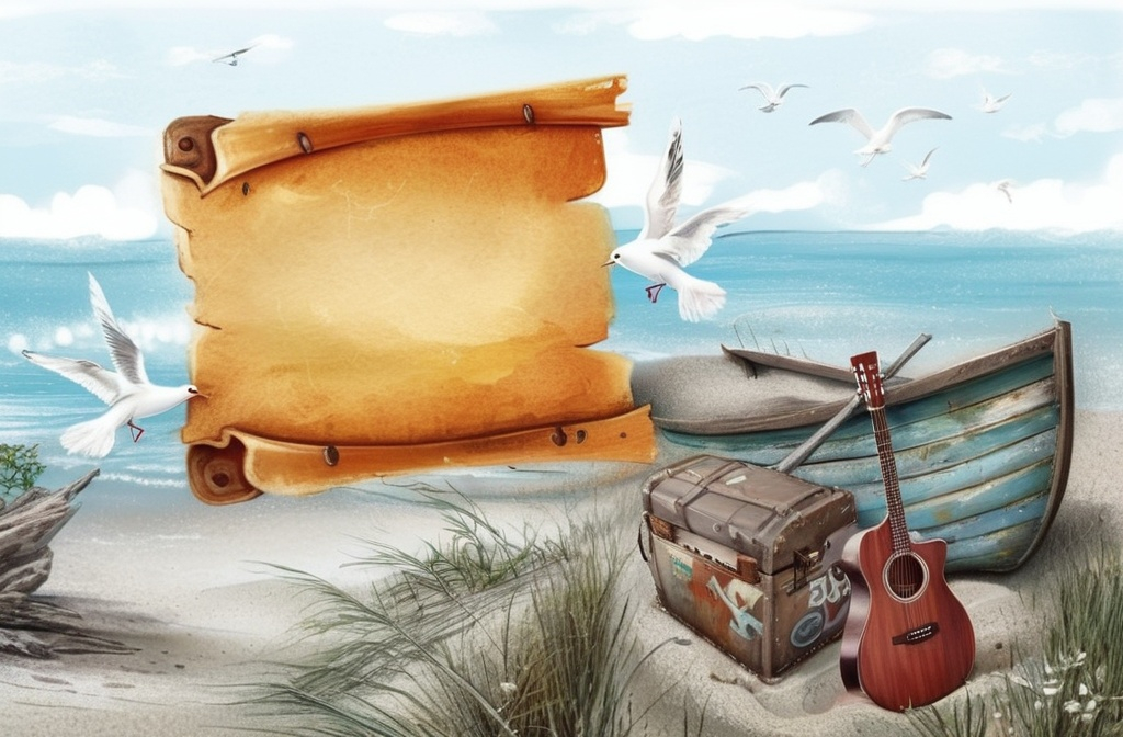 Prompt: a painting of a boat and a sign on the beach with seagulls flying around it and a guitar, Eden Box, computer art, storybook illustration, a storybook illustration