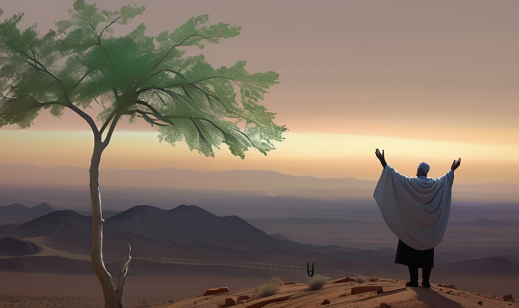 Prompt: a fine art paint of a person standing on a hill with a tree in the foreground and a desert landscape in the background, De Hirsh Margules, excessivism, david lazar, a digital rendering
