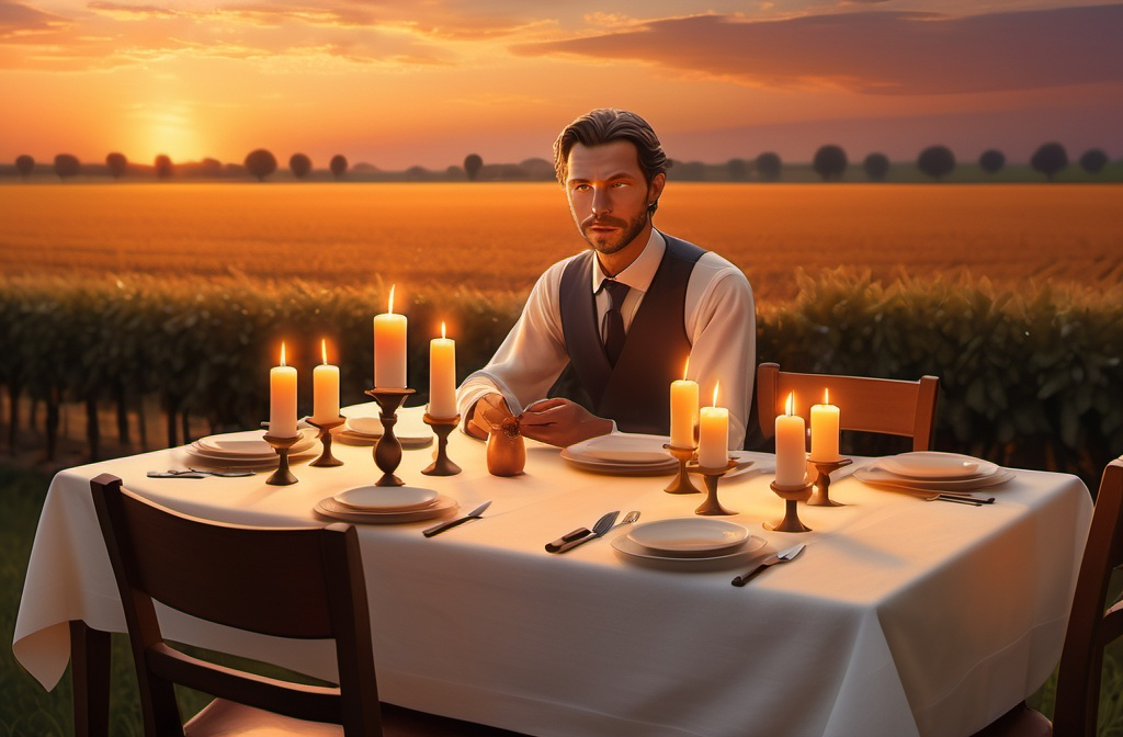 Prompt: Photorealistic image of a dining table set for a meal, adorned with a crisp white tablecloth and glowing lit candles, softly flickering in the warm light. A man, elegantly dressed, sits with his back to the viewer, creating a sense of intrigue. In the background, a picturesque agricultural field stretches towards an enchanting sunset sky, painted with deep oranges and purples, gradually darkening. The atmosphere is serene and inviting, evoking a cozy, intimate dining experience. Ultra-detailed, 4K quality.