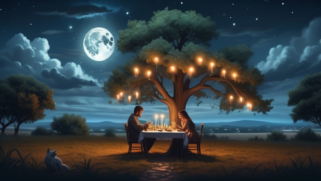 Prompt: a couple sitting at a table with candles for a romantic dinner under a tree at night  with a sky background and clouds in the background, magic realism, wildlife photography, a storybook illustration