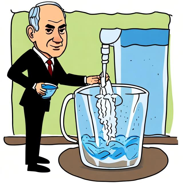 Prompt: An illustration of Bibi Netanyahu filling four cups of water