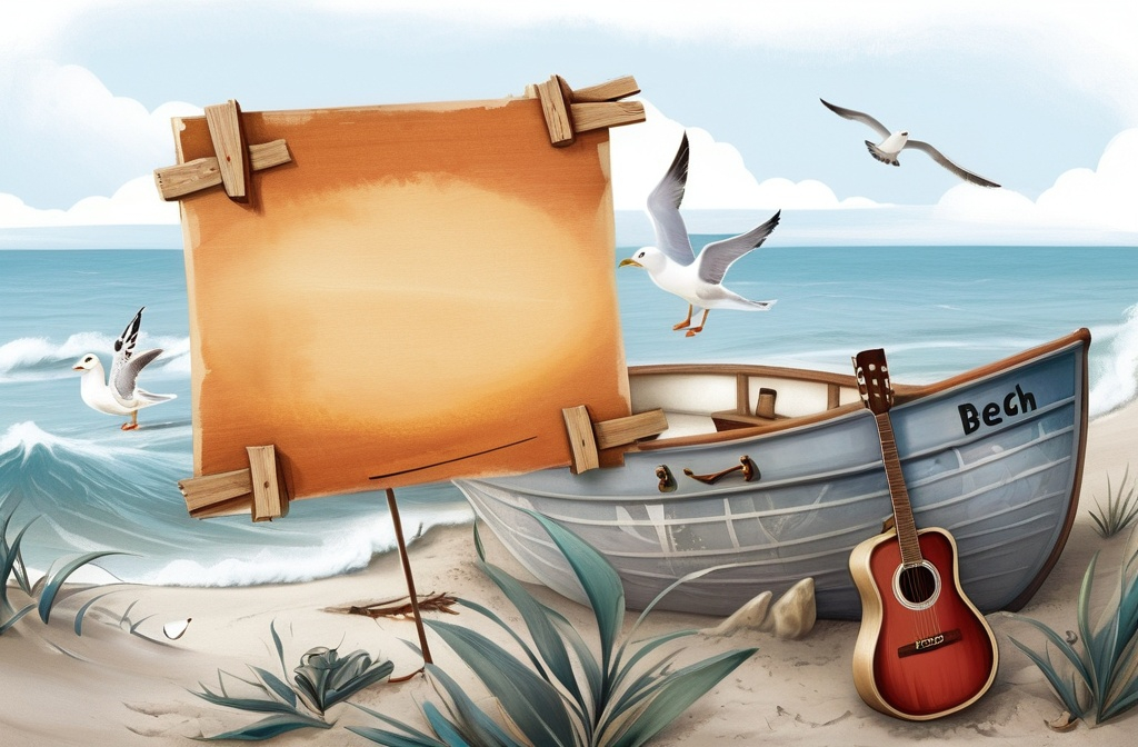 Prompt: a painting of a boat and a sign on the beach with seagulls flying around it and a guitar, Eden Box, computer art, storybook illustration, a storybook illustration