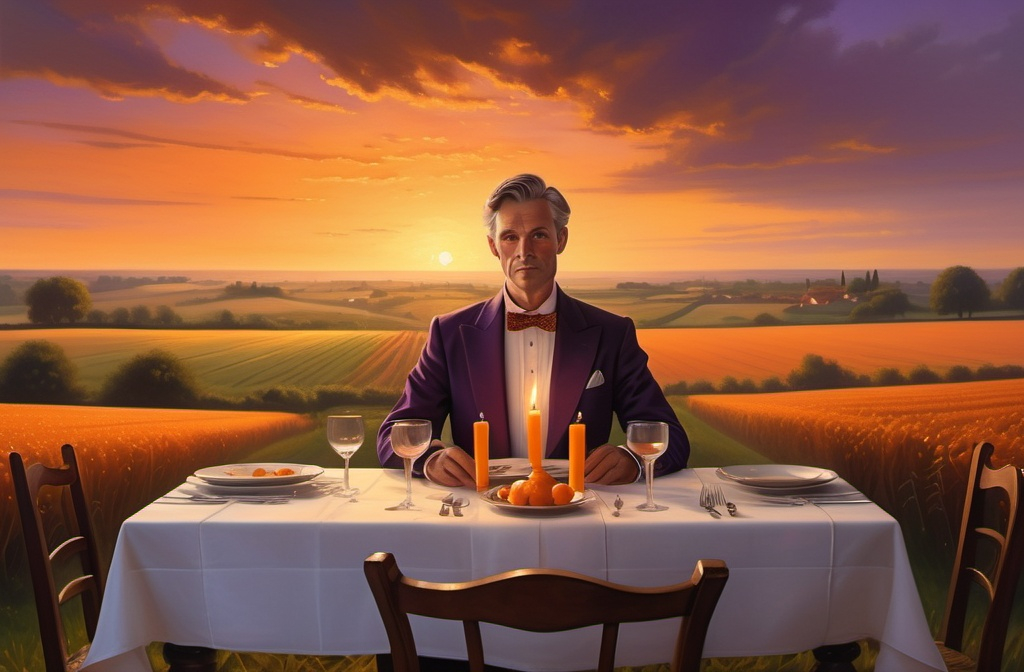 Prompt: Photorealistic image of a man, elegantly dressed, sits with his back to the viewer next to dining table set for a meal, adorned with a crisp white tablecloth and glowing lit 2 candles, softly flickering in the warm light. In the background, a picturesque agricultural field stretches towards an enchanting sunset sky, painted with deep oranges and purples, gradually darkening. The atmosphere is serene and inviting, evoking a cozy, intimate dining experience. Ultra-detailed, 4K quality.