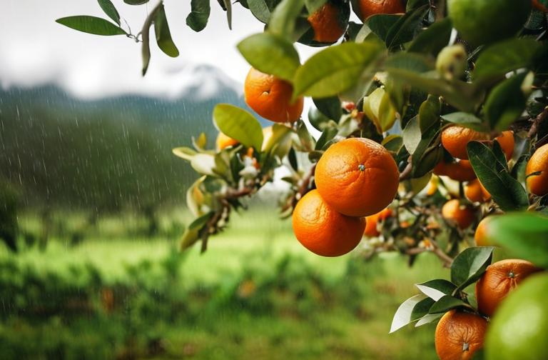 Prompt: Orange fruit of a citrus tree in an orchard stand in heavy rain with mountains in the background, realistic image