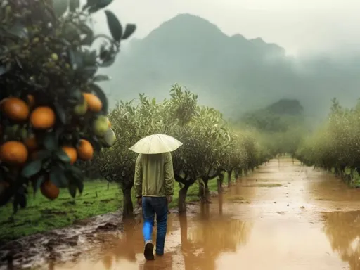 Prompt: High quality image of man walking in muddy citrus orchard, heavy rain, orange fruit tree, mountain background, realistic image, heavy rain, muddy ground, citrus orchard, wet foliage, detailed characters, realistic, mountain backdrop, heavy rainfall, outdoor scene, realistic colors, natural lighting, atmospheric