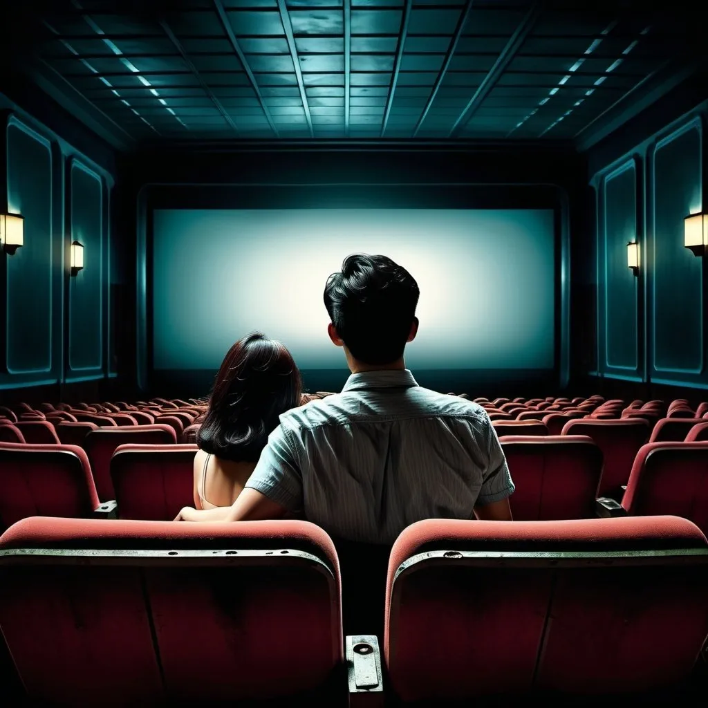 Prompt: a movie poster that two asian young couple's back in an empty dark old cinema with a movie screening, man staring at the woman