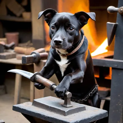 Prompt: A blacksmith dog hammering a knife on an anvil