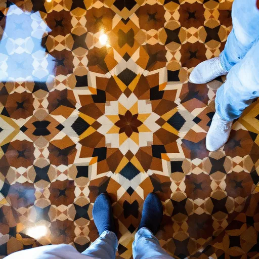 Prompt: A captivating geometric pattern sprawls across the floor, showcasing rich browns and striking black and white accents that create an intricate design of stars and diamonds. The perspective is from above, focusing on two feet—one clad in a dark sock, the other in a light blue pant leg, suggesting a relaxed or casual setting. The flooring reflects a glossy sheen, likely indicating a well-maintained space, and the lighting hints at a warm, intimate atmosphere. This close viewpoint conveys a sense of personal space while inviting the viewer to appreciate the artistry and craftsmanship of the flooring.