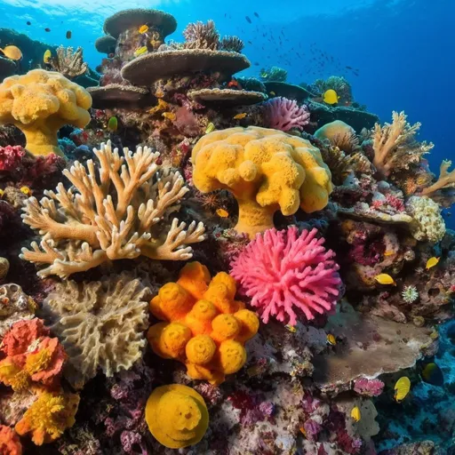 Prompt: a colorful coral reef with many sponges
