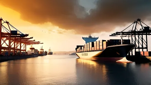 Prompt: Make a realistic image! A ship in port with much container with golden our sky