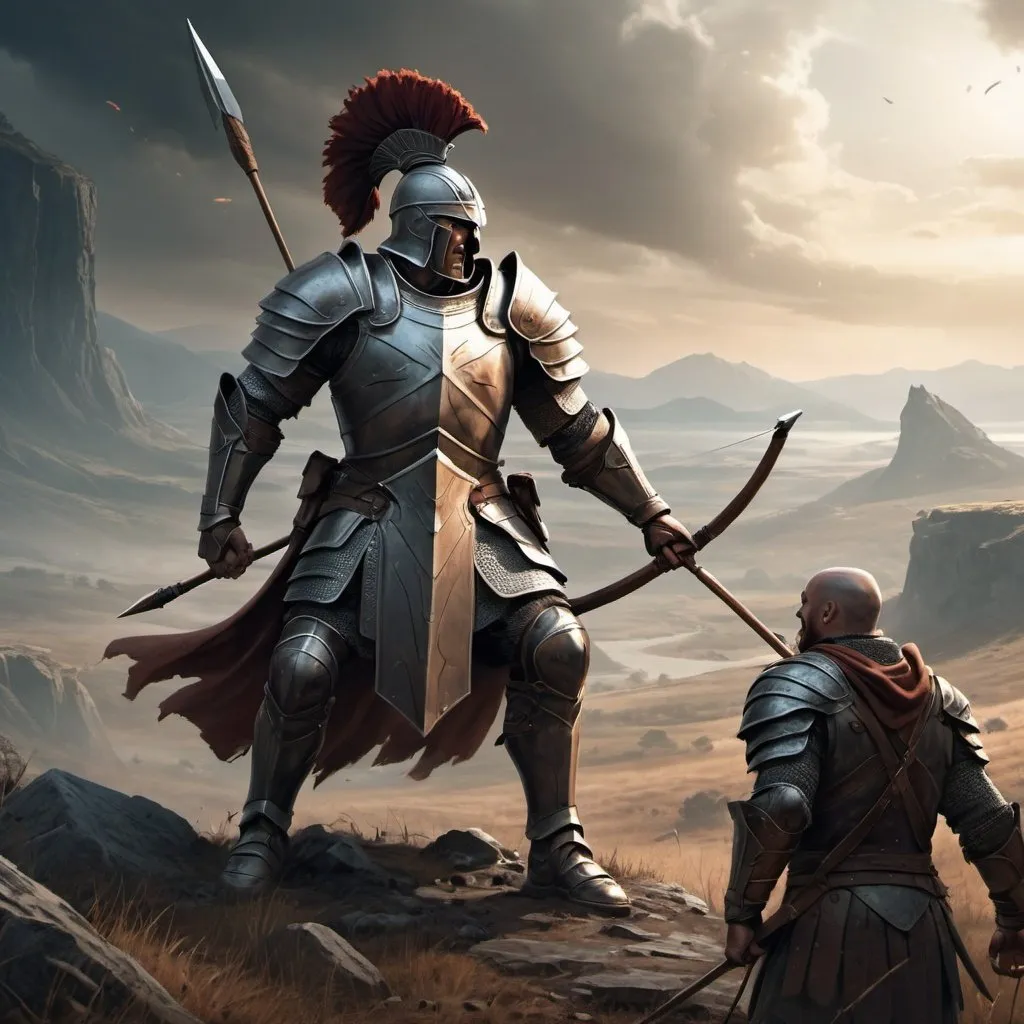 Prompt: Epic digital artwork showcasing a battle scene in a dramatic landscape. A soldier, clad in weathered armor, stares in disbelief at his former chieftain, now leading the enemy ranks. The chieftain, a figure of betrayal, charges forward wielding a single, rusty arrow, a stark contrast to the gleaming weapons of his newfound allies.