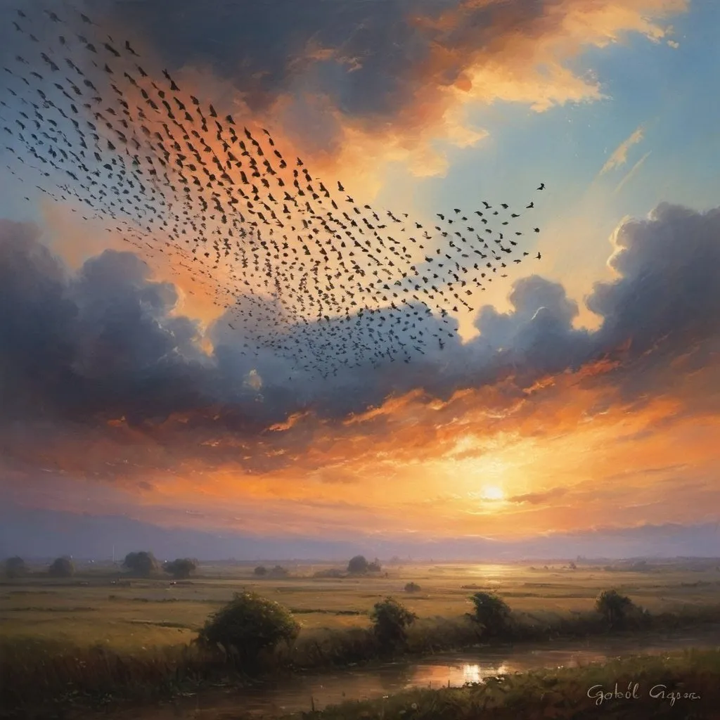 Prompt: "The flock of birds, with their synchronized dance in the sky, painted a masterpiece of fleeting beauty against the canvas of the heavens." - Gabriel Garcia Marquez (from "One Hundred Years of Solitude")