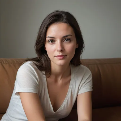 Prompt: A captivating portrait photograph of a brunette woman sitting casually on a sofa, captured at eye level. Her natural beauty shines through as she wears no makeup, and her authentic expression showcases her candid demeanor. Soft lighting enhances the image, highlighting her natural features and creating a sense of intimacy. The background is minimalist, allowing the viewer's focus to remain on the subject's genuine and unpretentious presence., photo, portrait photography