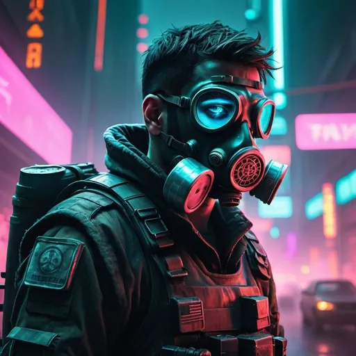 Prompt: A gritty, cyberpunk scene drenched in neon lights. A weary soldier, his face obscured by a gas mask, stares in shock at their holographic commander. The once revered leader now stands with the enemy, their avatar wielding a single, rusted arrow that flickers with a digital glitch, a stark contrast to the sleek, high-tech weaponry of their adversaries.