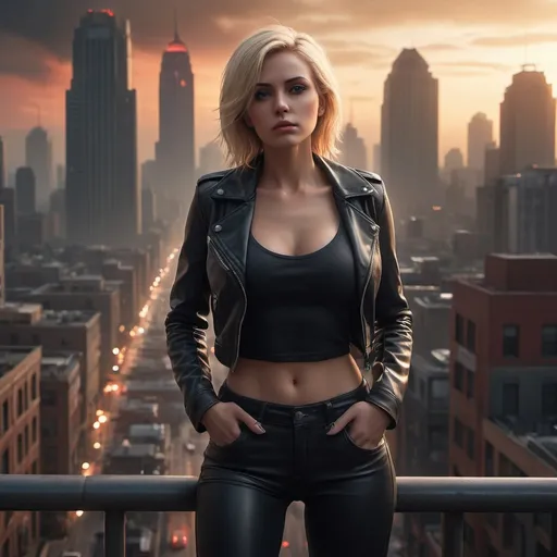 Prompt: a blonde woman standing, Her toned and athletic build hints at her massive strength. She seems to be casually strolling through the bustling cityscape of GTS City, as towering buildings loom overhead. Smoke and clouds roil around her, adding to the sense of epic scale and drama. The lighting is dark, gloomy, and realistic, creating a tense and ominous atmosphere. The perspective is from below, emphasizing the sheer majesty and power of the Giantess." ,wearing a black leather jacket over a thin, transparent low-cut tank top. She wears matte black leather pants. The woman has a beautiful, toned, body. The image is realistic, highly detailed. Very high resolution, 8k rendering, late afternoon lighting with the sun setting and the horizon red. The city lights are on. The lighting is perfect, the scene is sharp, extreme realism, cinematic image., motion blur, Art Deco, cinematic lighting, 16k, masterpiece, textured skin, 8k, super detail, 8k