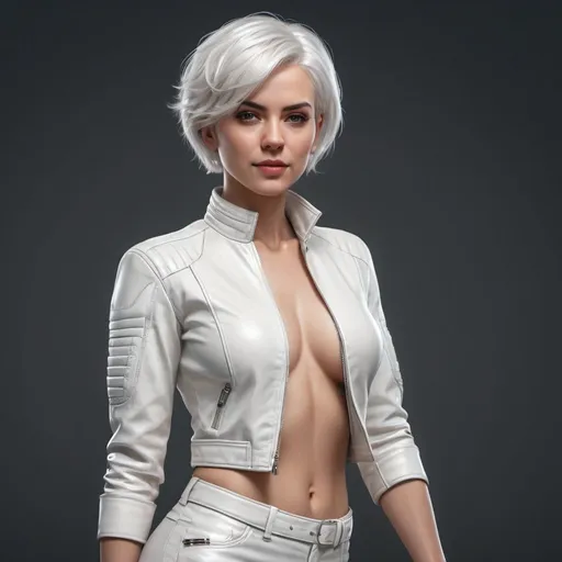 Prompt: Full-length portrait of a beautiful adult woman model with short white hair, wearing a white leather outfit, hyper realistic, illustration, trending on ArtStation, Hard disk, 4k, 8k, intricate detailed anatomy, character design, By Aali Jah