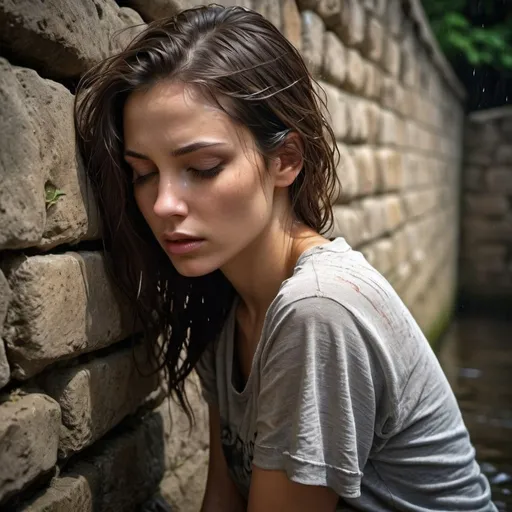 Prompt: HDR photo of, (dark night, minimal light, moody, deep shadows:1 1), 3/4 shot of a gorgeous sensual woman with her head tilted up and eyes closed leaning up against a stone wall, (heavy water flowing down the wall:1 3), (wearing ripped t-shirt and nothing else:1 2), her skin and hair are soaking wet, brunette hair, (heavy rain:1 4), high dynamic range, vivid, rich details, clear shadows and highlights, realistic, intense, enhanced contrast, highly detailed,