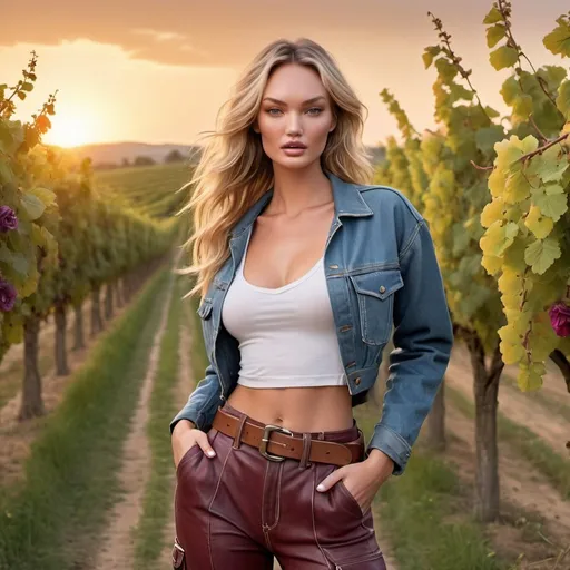 Prompt: Foto hiperrealista en primer plano de Candice Swanepoel, masterpiece, best quality, (photorealistic:1.4), (tight henley crop top:1.1) and (leather baggy wide cargo pants with big belt:1.2) and (cropped denim jacket:1.1), in the beautiful Italian vineyard with colorful flowers, (sunset:1.0), skinny, medium bosoms, straight blond hair, facing the camera, photo taken from a distance, age of 18 years old,