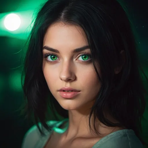 Prompt: night scene, Close-up photo of a beautiful hot girl, look into the camera, intensive, Black hair, (green eyes:0.8), Soft volumetric light, (Backlit:1.3), (Cinematic:1.3), complex parts, (art station:1.2)