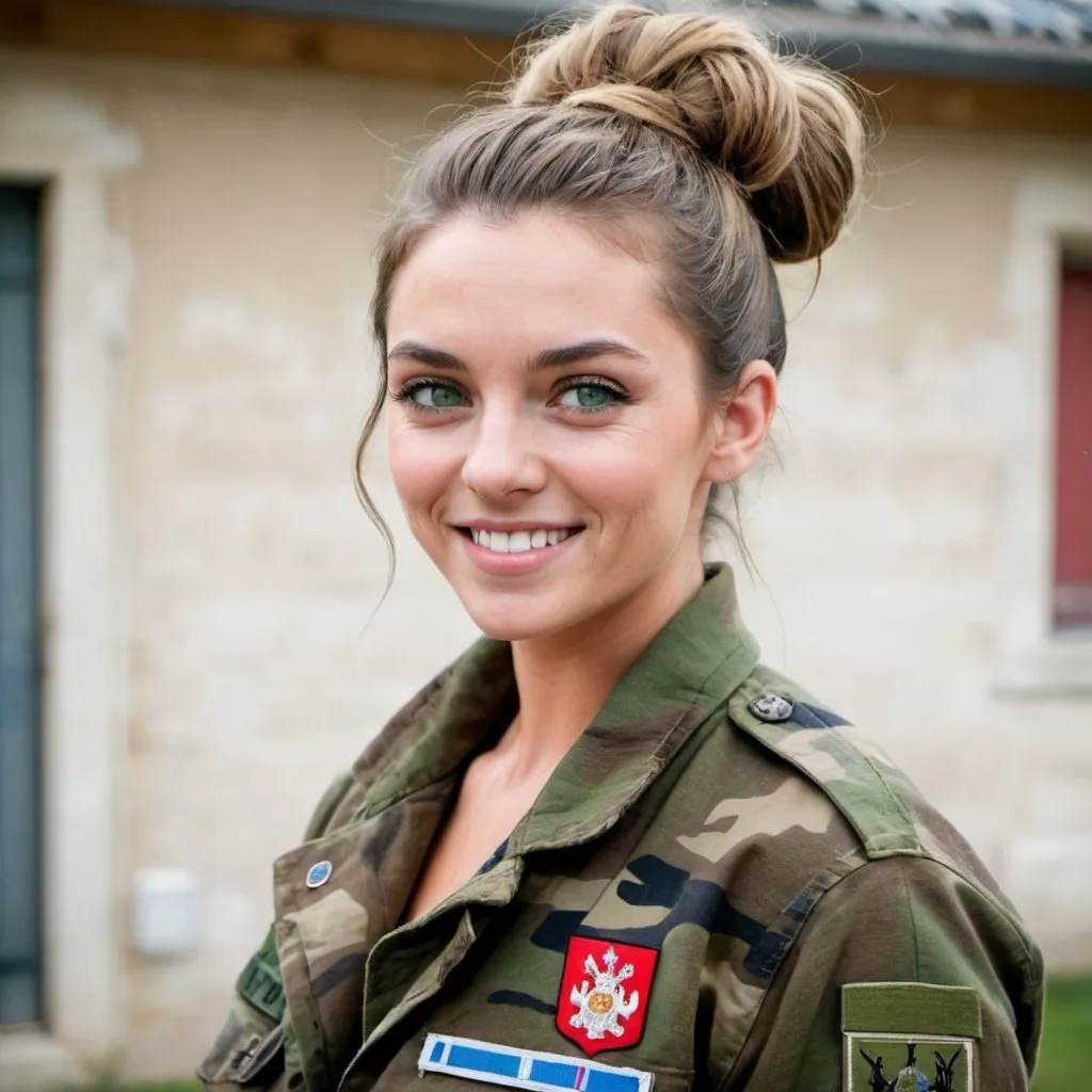 Prompt: French coat-of-arms, messy bun, green eyes, camo military fatigues, outdoor, barracks, happy, open jacket