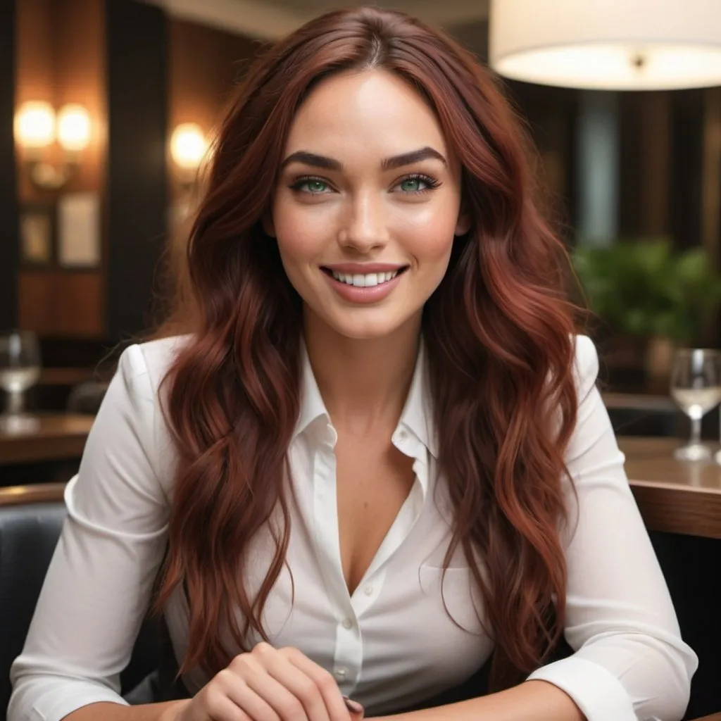 Prompt: one girl next door with coloured long red hair, Mix out of 5% Megan Fox and 15% Gal Gadot and 20% Blake Lively, 172cm height, 68kg weight, soft curly intense long red hair, intense green eyes, long dark black lashes, perfectly shaped dark black eyebrows, dark caramel tanned skin, slim and well-defined body, curvy body, elegant thin nose, small ears, full lips, white teeth, small soft ladylike hands, painted fingernails, wearing a business outfit, high resolution, masterpiece, best quality, intricate high detail, highly detailed, sharp focus, detailed skin, realistic skin texture, real skin texture, realistic texture, professional, real life, ultra-realistic, photorealism, photography, realistic photography, UHD, photo RAW, sitting in a fancy modern restaurant, laughing, relaxed mood