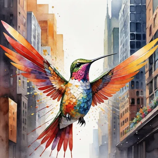 Prompt: A captivating watercolor illustration that showcases a hummingbird in a mesmerizing dance of vibrant colors, including red, yellow, brown, and orange. The hummingbird is skillfully rendered, with each feather displaying intricate details. The background features a gritty, chaotic cityscape that blends seamlessly with a futuristic, dystopian world. The central figure, adorned with bold floral patterns, wears a mosaic background. Their multicolored hair flows into a halo-like structure, emitting a radiant glow. The finely detailed face conveys an intense, focused gaze, reflecting an unwavering determination. The overall portrait exudes an otherworldly presence, encapsulating the dynamic interplay between the bustling city life and the futuristic, dystopian realm.