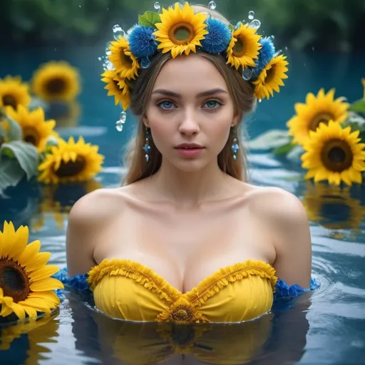 Prompt: ((top-quality, 8K)), (Realistic), (Face Focus: 1.1), (Yellow,blue: 1.3), ukrainian woman in a dress that is in the water, closeup fantasy with water magic, fine art fashion photography with frozen flowers around her, uhd, ukrainan flower headband, sunflowers, vyshyvanka dress, pom-poms, open chest, big chest，well-rounded figure