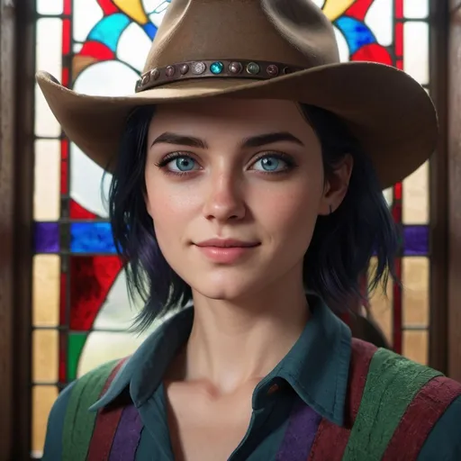 Prompt: close POV, young adult woman, blue purple green color palette, black hair with dark green shine, big blue eyes sparkling, rings around eyes, two-tone black and red, smiling at the camera, elegant pose, looking at the viewer, vivid stained glass window background, character portrait, award-winning photography, vivid colors, skin blemishes, pores, atmospheric, cinematic, moody, rule of thirds, majestic, perfect anatomy cowboy shot, contraposto, unreal engine 5, volumetric lighting, stop motion, hyperfocus, tonemapping, sharp focus, (beautiful face:1.15), (nixeu_soft:0.7), (nixeu_white:0.7),