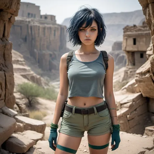 Prompt: Bright shot: 1.3), epic realistic, yellow eyes, girl raider, (one girl), light gray non-transparent short sleeve top, transparent fabric at the waist, wavy hair 1.4, (dark blue hair), short hair, dark blue and orange color scheme, (light green shorts), aesthetics of wasteland and canyons!!! n ruins, soft cinematic light, Adobe Lightroom, darkroom, HDR, intricacy, green bracelets on the arms, straps from red thrings over transparent fabric at the waist, thong under shorts