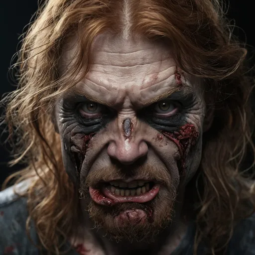 Prompt: style, model shooting style, close RAW portrait of Dave Mustaine transformed into zombie, ((beautiful face: 1.7, Perfect face: 1.3)), (from above: 1.2), best quality, epic (by Lee Jeffries Photo, Sony A7, 50mm, pores: 1.5, colors, hyperdetailed: 1.5, film grain: 1.4, hyper-realistic: 1.5), hyper-realistic realistic texture, masterpiece, unreal engine 5, extremely detailed 8k CG wallpaper, realistic eyes, Crazy Detailed Photo, (Ecstasy of Light and Shadow, Deep Shadow), (Pulitzer Prize Winner for Photography and Taylor Wessing Photographic Award)
