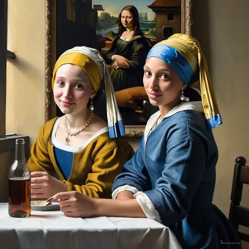 Prompt: In this extraordinary painting, Vermeer masterfully combines the iconic figures of the Mona Lisa and the Girl with the Pearl Earring, transporting them to a cozy, bustling pub. The palette knife technique adds texture and depth to the scene, with warm lantern light casting a glow on their vibrant garments. Both women, holding their glasses high in a toast, share a moment of mirth and conversation, their famous expressions still captivating in this unconventional setting. The atmosphere is filled with laughter and camaraderie, reflected in the lively patrons surrounding them. Vermeer's signature style and exquisite attention to detail bring this unique masterpiece to life.