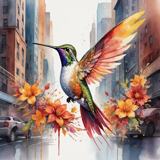 Prompt: A captivating watercolor illustration showcases a mesmerizing dance of vibrant colors, featuring a hummingbird in a stunning display of red, yellow, brown, and orange hues. The gritty textures and digital chaos reflect the dynamic interplay between bustling city life and a futuristic, dystopian realm. The central figure, adorned with bold floral patterns, sports multicolored hair cascading into a halo-like structure that radiates brilliance. The intense, focused gaze of the finely detailed face conveys unwavering determination, while the overall composition encapsulates an otherworldly presence.