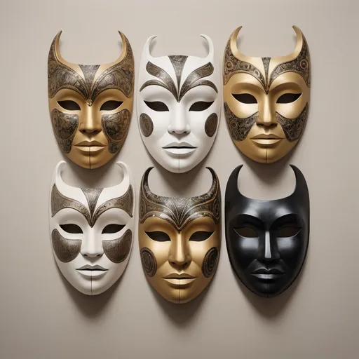 Prompt: A striking conceptual painting featuring a symmetrical arrangement of minimalist masks, each subtly unique, symbolizing the multifaceted nature of identity. The masks, arranged on a simple background, highlight the various roles and 'masks' we wear in different social contexts. The repetition of the mask motif encourages viewers to ponder the fluidity of identity and the intricate dance of human existence. The artwork, with its psychological undertones, serves as a powerful illustration and conversation starter, inviting deeper introspection and reflection., poster, conceptual art, illustration