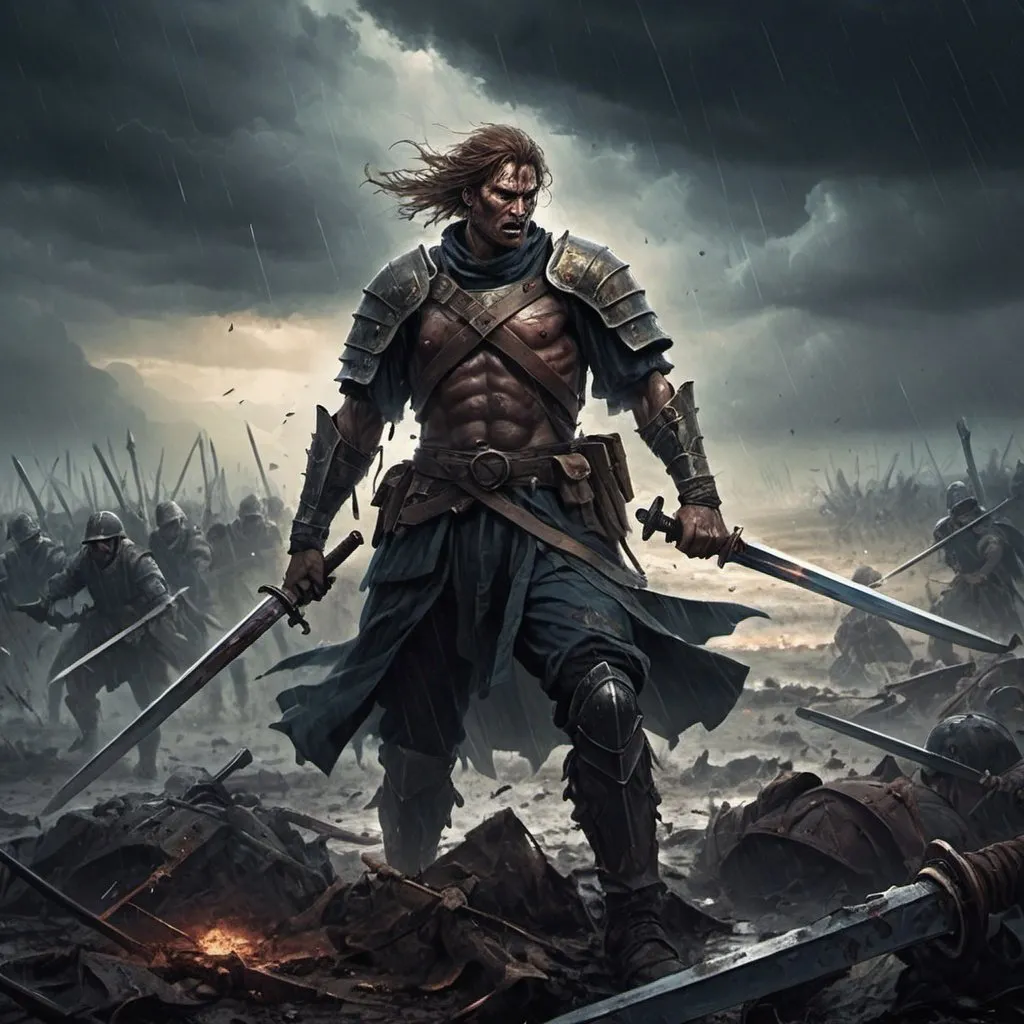 Prompt: A dark and stormy battlefield depicts a lone, resolute warrior wielding a rusted sword amidst the despair and disarray of his defeated army.