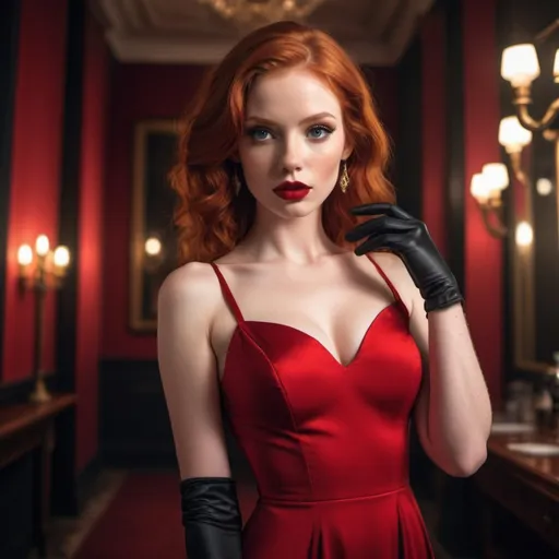 Prompt: A striking photograph taken from a low angle, Ultra detailed realistic redhead model, full body, red lips, red hair, red long dress with side slit. black long shoulder length gloves, camera view, best hd quality, moody lighting, detailed face, detailed hands, detailed fingers, club background. all must be realistic!, photo