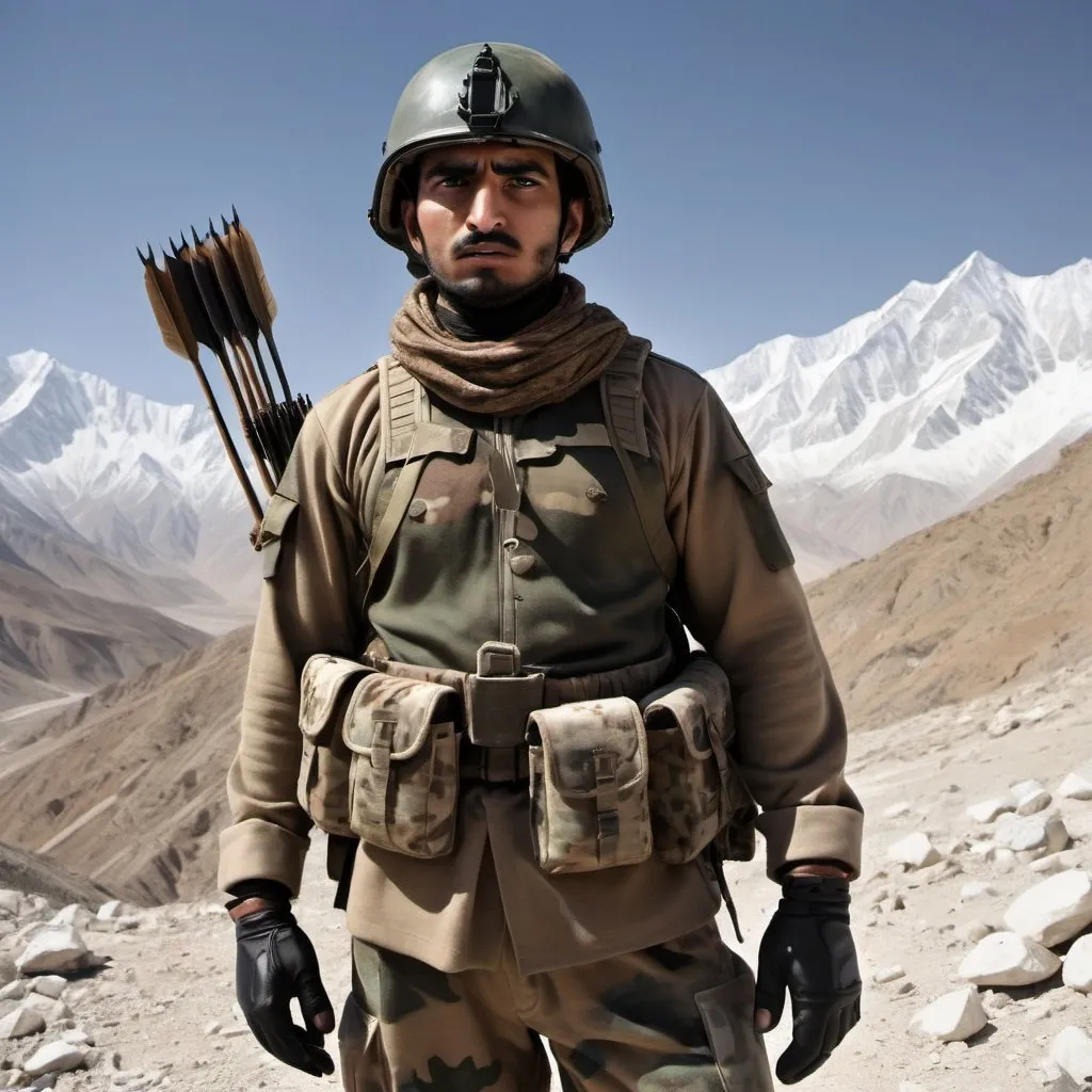 Prompt: A desolate mountainous landscape under a harsh sun. A young Pakistani soldier in modern camouflage stands frozen, his helmet tilted back in disbelief. In the distance, a former high-ranking officer, now a traitor, leads a group of armed insurgents. The ex-officer, his face etched with bitterness, clutches a single, ornately decorated arrow in his hand, a stark contrast to the modern rifles of his new allies.