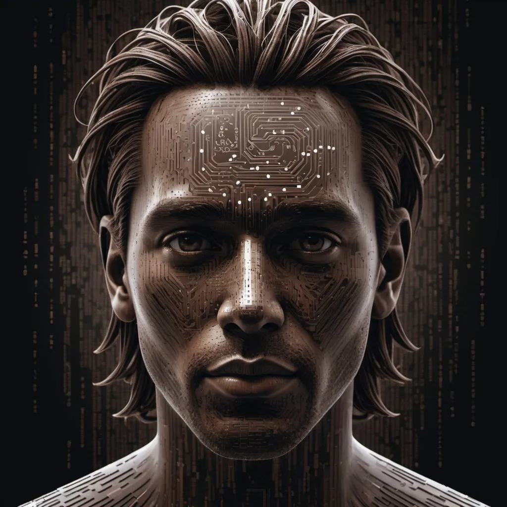 Prompt: A captivating digital illustration of a man meticulously crafted from binary code, with ones and zeros forming his facial features and flowing hair. The monochrome brown color palette gives the piece a distinctly futuristic and high-tech atmosphere. The man's serene expression, accentuated by his coded eyes and mouth, exudes an air of intrigue and mystery. The background is a deep black void, emphasizing the digital world's abstract nature and the intrinsic connection between humanity and technology., illustration