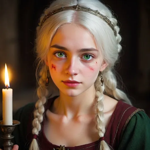 Prompt: (((a deep reddish wound crosses her left cheek))) fair complexion, woman around 19 years old, natural white hair, distinctive green eyes, wearing kohl, slender and graceful, beautiful, candlelight in a medieval setting, ultra sharp focus, realistic shot, medieval female clothes, tetradic colors (scar:1.4)