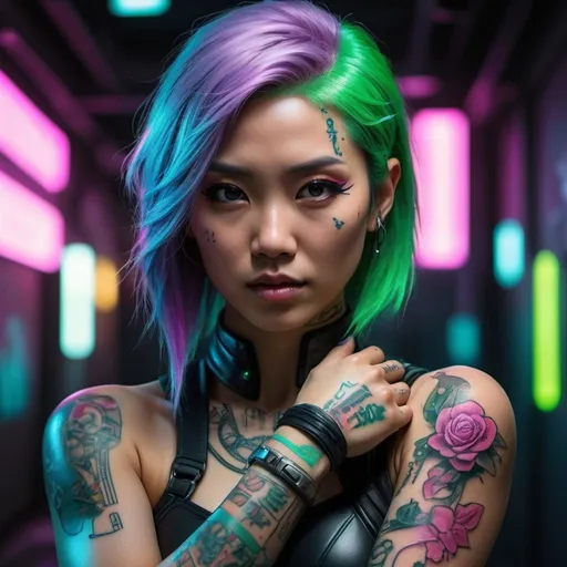 Prompt: Image designer "cyberpunk & Realist". Futuristic image of an Asian woman with green hair Psylocke, X-Men, with energy purple blade, glowing from her fist. Embrace cyberpunk aesthetics with neon lights and bright tattoos, maintaining a realistic representation of its characteristics. "Lighting" Dynamic neon lighting with natural light sources to highlight tattoos and cyberpunk prosthetics, Mantener sombras y luces Realists. "Camera positioning" Camera placement is off-center and close-up, Capture dynamic poses to show cyberpunk tattoos and high-tech prosthetics in detail. "palette colors" palette colors in cyberpunk style with neon tones, such as electric blue, fluorescent rose, and bright green, complemented with realistic skin tones and metallic details for advanced rendering technology..