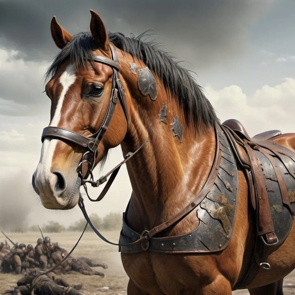 Prompt: a beautiful, captivating hyper realistic image of a battle-worn and fierce war horse on the battlefield