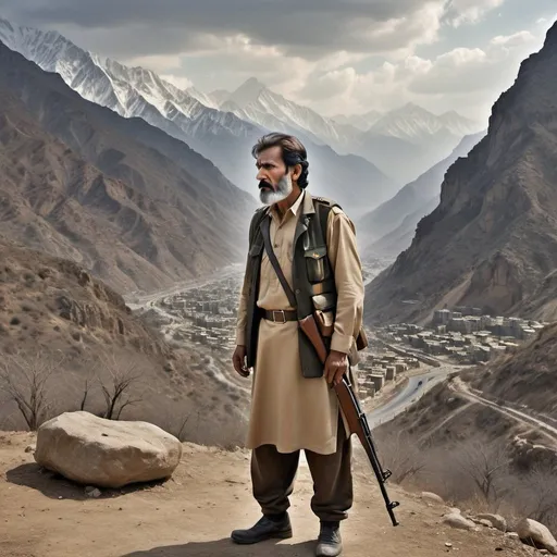 Prompt: Imagine a scene set in present-day Pakistan, where a man stands in disbelief, gazing at the treacherous chief of the Pakistan Army. This chief, once a symbol of trust and loyalty, now stands with the enemy, clutching a rusty old rifle—a symbol of his betrayal. The backdrop is a rugged, mountainous terrain, highlighting the tension and uncertainty of the moment. The man's expression is a mix of astonishment and dismay, capturing the profound sense of betrayal and confusion. The scene underscores the gravity of the situation, reflecting the complexities and challenges faced in contemporary times, while emphasizing the themes of loyalty, trust, and the harsh realities of treachery.