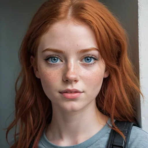 Prompt: An adorable 22-year-old redhead girl with a half-body photo. She has a redhead, ultra-textured leather, freckles, a full face (albeit she appears shy: 1.3), detailed skin, a ribbed crop top, cargo pants, and clunky sneakers. Her body is gorgeous. large round blue eyes, black eyeliner, picture, fashion, portrait, and cinematic