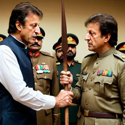 Prompt: Visualize a powerful and poignant scene featuring the former Prime Minister of Pakistan, Imran Khan, holding a rusty arrow handed to him by the Chief of Army Staff. Imran Khan's expression is one of shock and disbelief, his grip on the rusty arrow symbolizing the weight of betrayal. The Chief of Army Staff, depicted with a sinister, treacherous demeanor, stands with a duplicitous smirk, subtly aligned with the enemy. The backdrop is a dramatic, tension-filled setting, perhaps a shadowy meeting room or a rugged, conflict-ridden landscape, emphasizing the gravity of the situation. The scene captures the essence of betrayal and the complex dynamics of power and trust in Pakistan's current era.