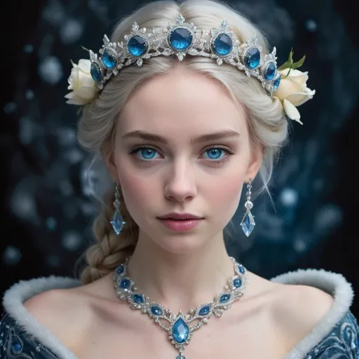 Prompt: A young woman adorned with a crown made of intricate crystals and pearls. She has pale skin, striking blue eyes, and her hair is styled in a braid. The woman is wearing a delicate, silver necklace with blue gemstones. Behind her are two large, white roses that seem to emanate a soft glow. The background is dark, with hints of frost or snow, and there are small, frozen crystals scattered around. The overall ambiance of the image is ethereal and enchanting, reminiscent of a winter fairy tale.By Soniam.