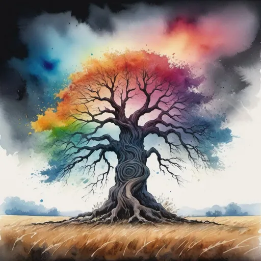 Prompt: A cinematic watercolor wash illustration by artist Supersy, capturing a majestic tree in the shape of a face. The tree stands tall in the middle of a vast open field, with its roots displaying immense strength and stability. The tree's face is a blend of black and white, transitioning into vibrant rainbow gradients, symbolizing life and tranquility amidst tumultuous weather. The wind-swept tree embraces the elements, embodying a dark fantasy theme with a vibrant and vivid atmosphere., vibrant, painting, illustration, cinematic, photo, poster, dark fantasy