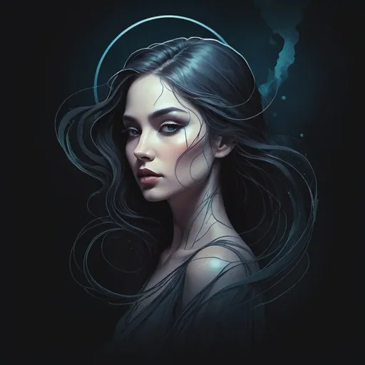 Prompt: A mesmerizing dark fantasy illustration featuring a single-stroke line art drawing of a mysterious woman. The female figure is rendered in a stunning minimalist style, with flowing watercolor details that create a soft and ethereal glow. The 3D render style brings the artwork to life, giving it a cinematic and conceptual touch. Vibrant colors accentuate the dark fantasy theme, making the illustration stand out as a unique and captivating representation of a modern, enchanting female character. The overall effect is an exquisite blend of modern and traditional art techniques, making it a truly one-of-a-kind product., conceptual art, photo, dark fantasy, illustration, vibrant, product, 3d render, cinematic