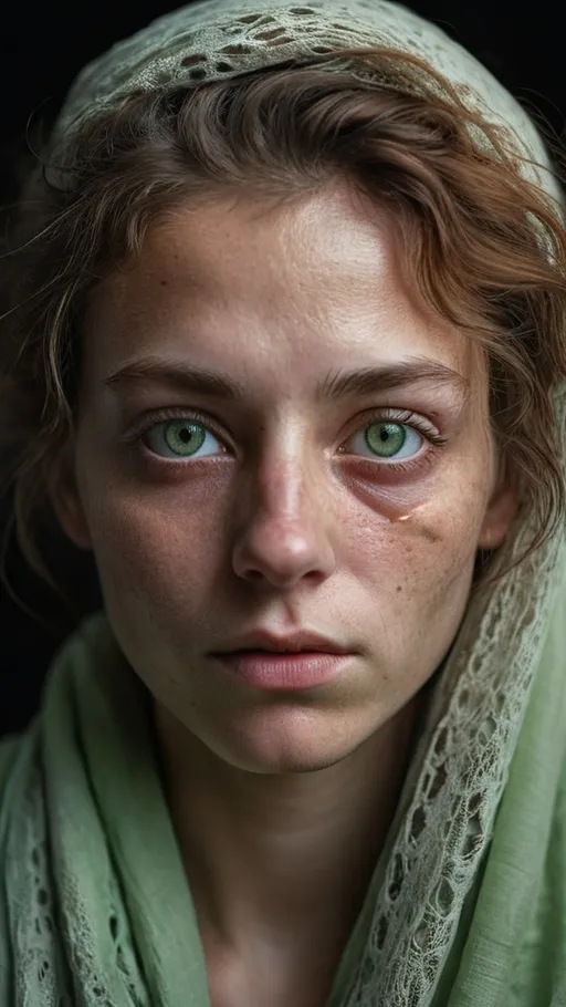 Prompt: A photorealistic portrait of an incredibly beautiful woman without makeup, extremely detailed light green eyes, detailed symmetrical realistic face, natural skin texture, extremely detailed skin with skin pores, peach fuzz, messy hair, wearing shawl, masterpiece, absurdities, Lee Jeffries award-winning photo, Nikon D850 film photography, Kodak Portra 400 camera F1.6 lens, extremely detailed,  amazing, fine details, rich colors, hyper realistic texture, dramatic lighting, unrealengine, trend in artstation, cinestill 800 tungsten, looking at the viewer, realistic photo, RAW photo, TanvirTamim, high quality, high resolution, sharp focus, extremely detailed, cinematic lighting, 8k uhd